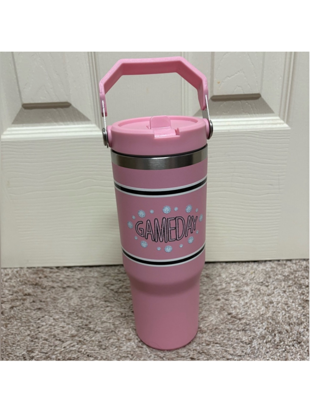 NEW Game Day 30oz Stainless Steel Flip Top Straw Tumbler Pink Black Hot Cold NIB - Picture 6 of 7